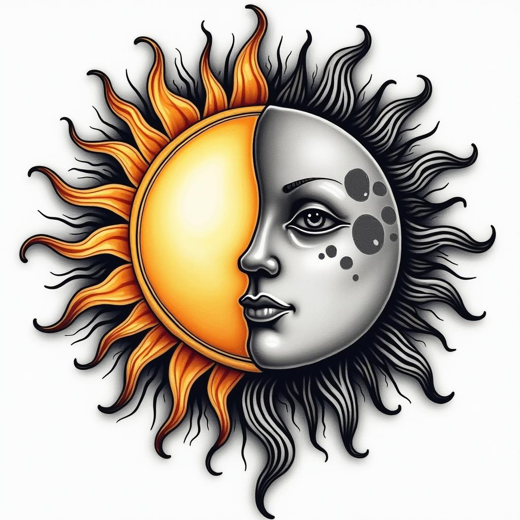 Sun and moon intertwined, glowingin authentic tattoo style, incorporating traditional modifications, bold black outlines, solid color fills, featuring classic authentic elements - Variation 7