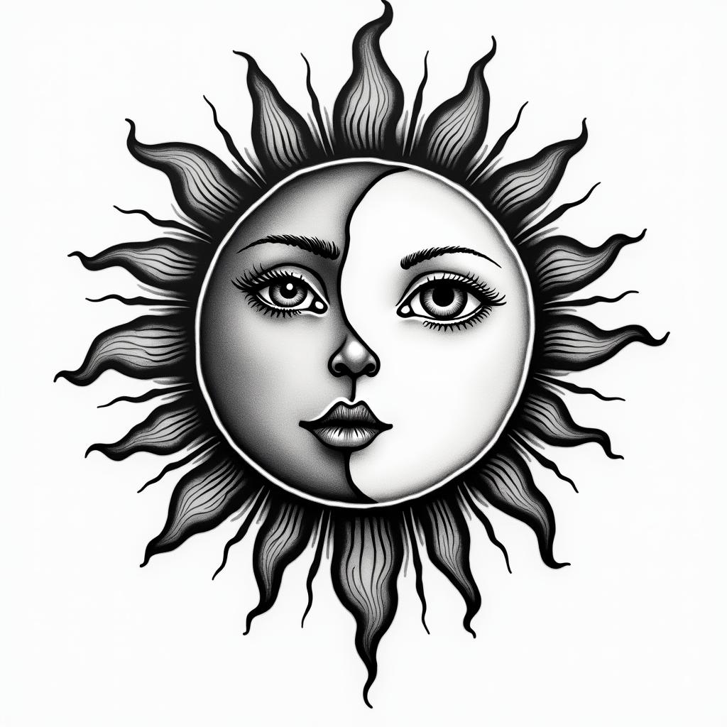 Sun and moon intertwined, glowingin authentic tattoo style, incorporating traditional modifications, bold black outlines, solid color fills, featuring classic authentic elements - Variation 6