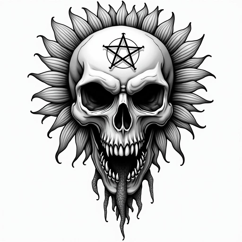 Sunflower key snakecreepy horror tattoo style, featuring an eerie and unsettling skull of a demonic creature, distorted face with sharp fangs, add pentagram symbol - Variation 3