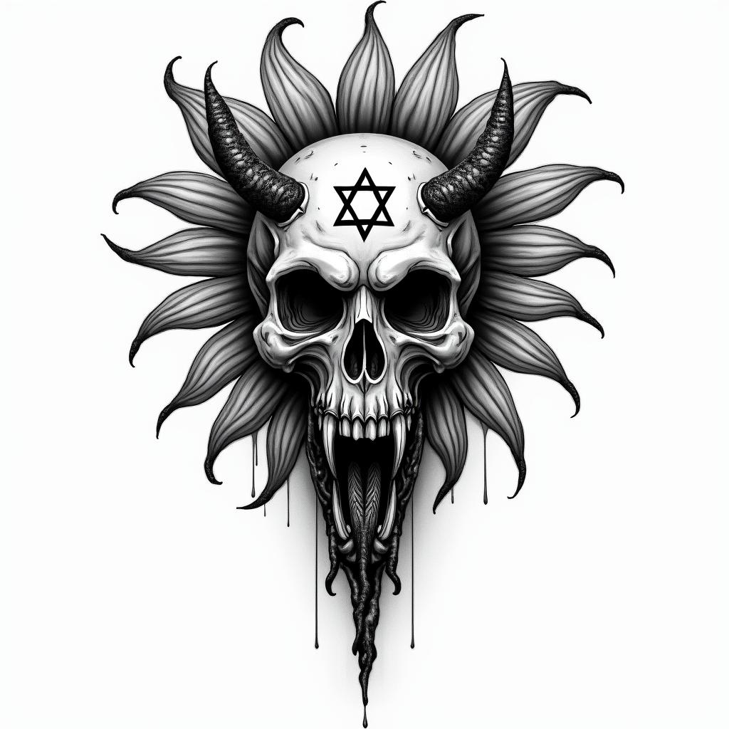 Sunflower key snakecreepy horror tattoo style, featuring an eerie and unsettling skull of a demonic creature, distorted face with sharp fangs, add pentagram symbol