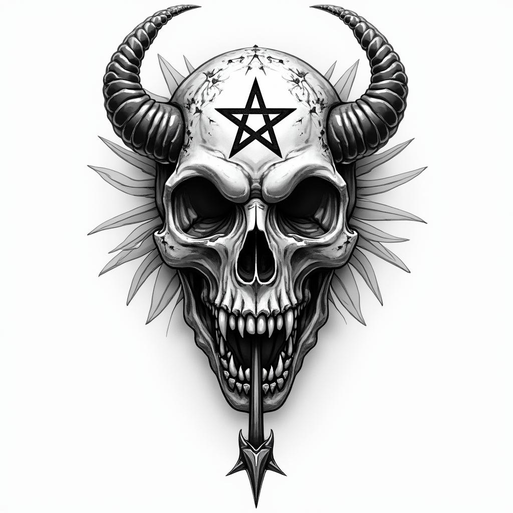 Sunflower key snakecreepy horror tattoo style, featuring an eerie and unsettling skull of a demonic creature, distorted face with sharp fangs, add pentagram symbol - Variation 4