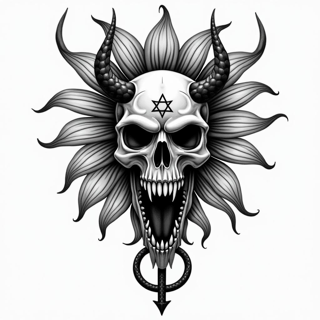 Sunflower key snakecreepy horror tattoo style, featuring an eerie and unsettling skull of a demonic creature, distorted face with sharp fangs, add pentagram symbol - Variation 2