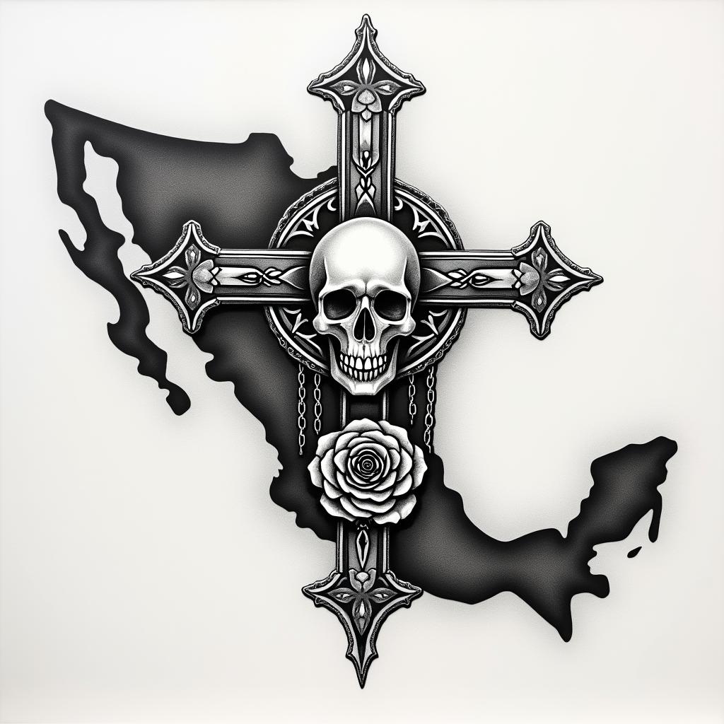 The 
New mexico state outline with a zia symbol coming from the middlein chicano style tattoo, featuring intricate black and grey shading, bold elements of traditional chicano culture symbols, add a big cross with skull, chains and roses