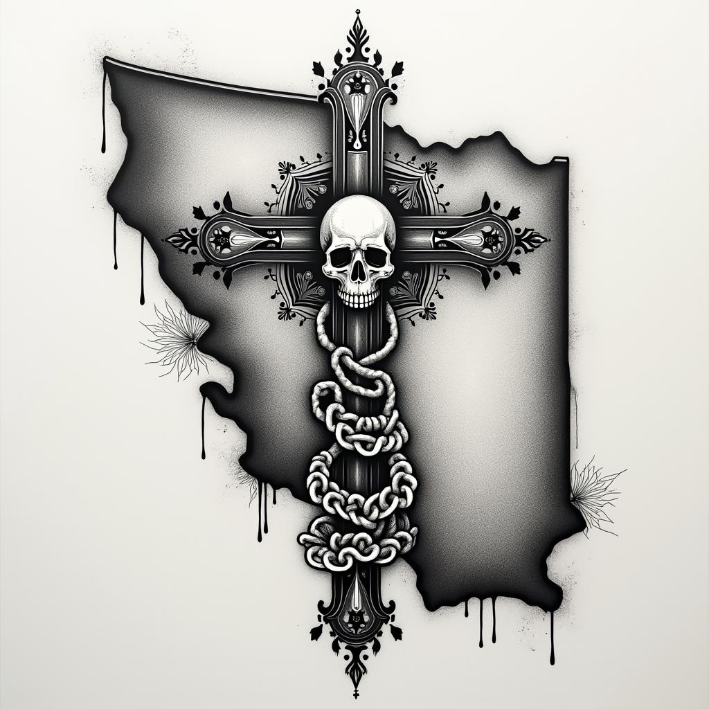 The 
New mexico state outline with a zia symbol coming from the middlein chicano style tattoo, featuring intricate black and grey shading, bold elements of traditional chicano culture symbols, add a big cross with skull, chains and roses - Variation 2