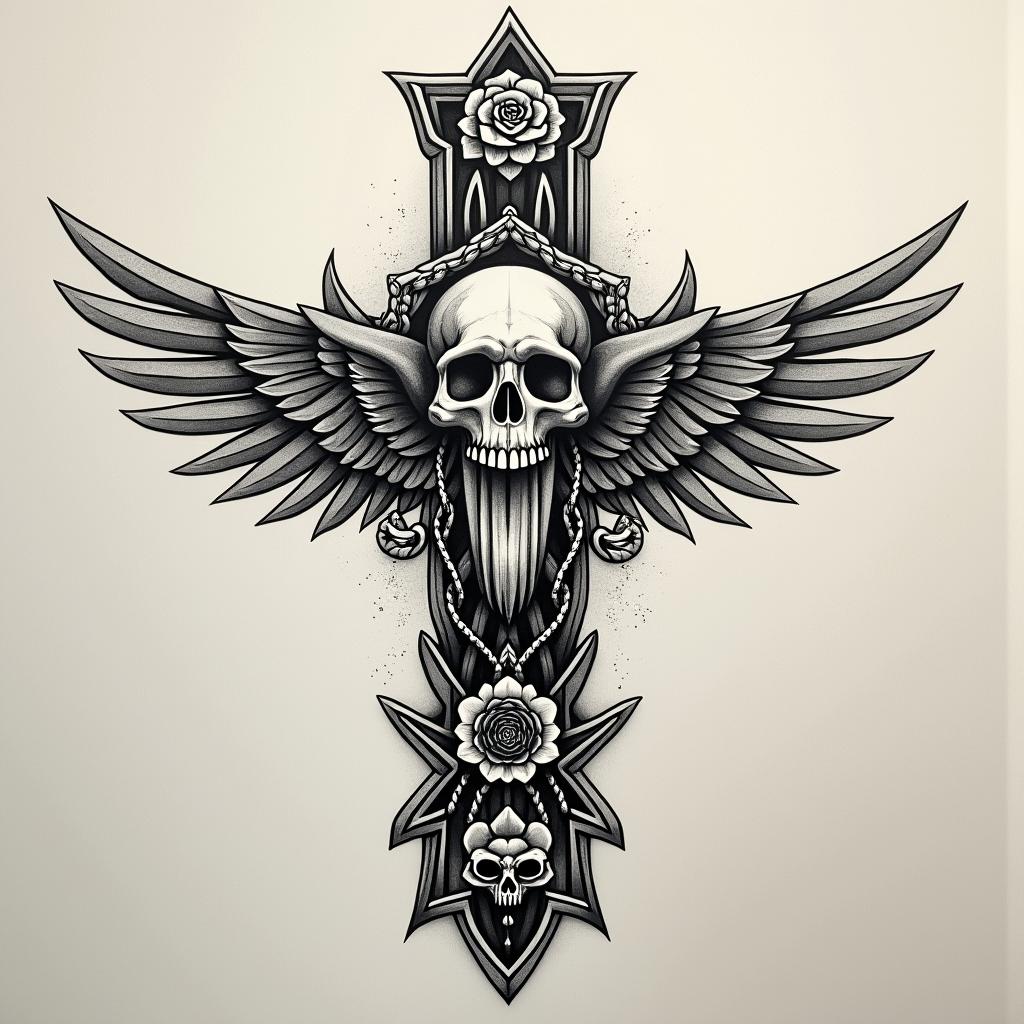 The 
New mexico state outline with a zia symbol coming from the middlein chicano style tattoo, featuring intricate black and grey shading, bold elements of traditional chicano culture symbols, add a big cross with skull, chains and roses - Variation 3