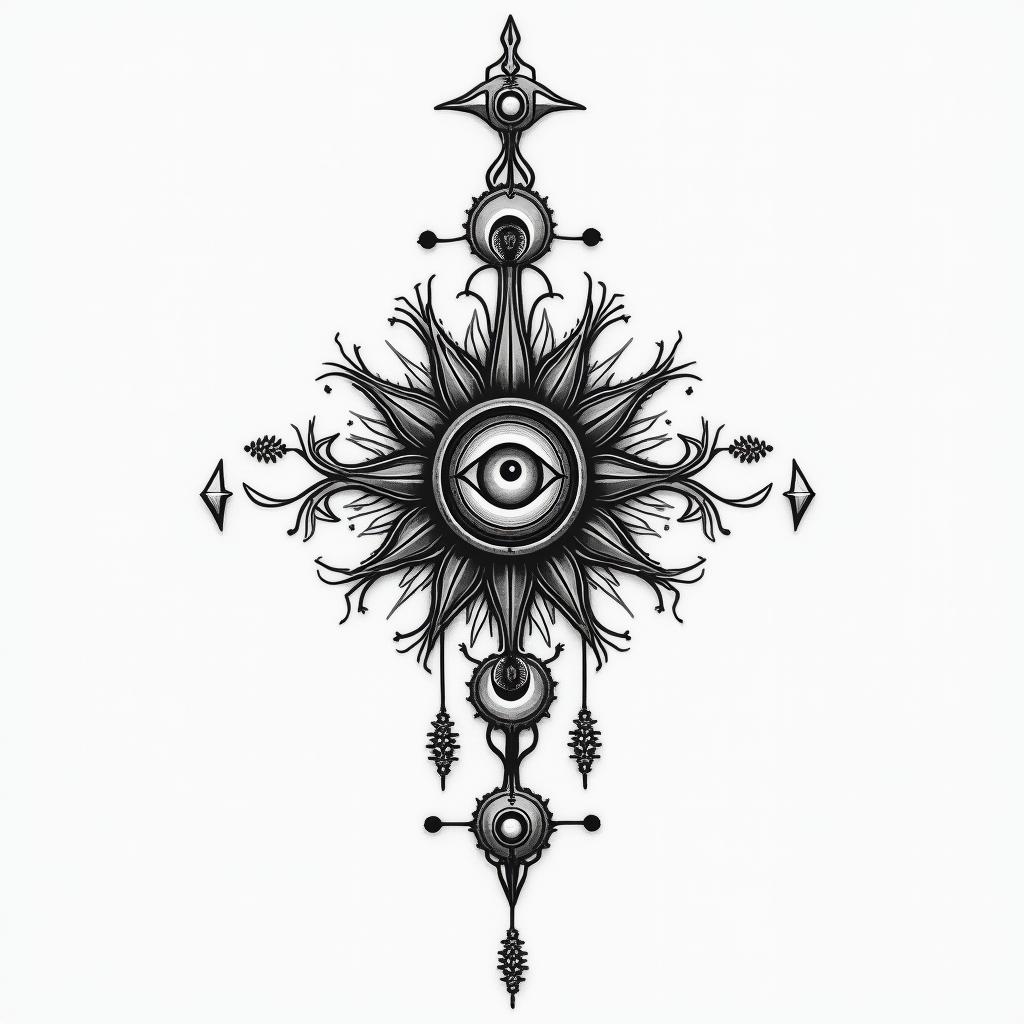 Missing my brothers whose gonein spiritual symbols tattoo style, featuring an intricate design incorporating elements, Hamsa hand, third eye, minimalist composition - Variation 3