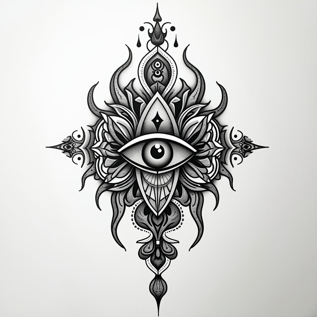 Missing my brothers whose gonein spiritual symbols tattoo style, featuring an intricate design incorporating elements, Hamsa hand, third eye, minimalist composition - Variation 4