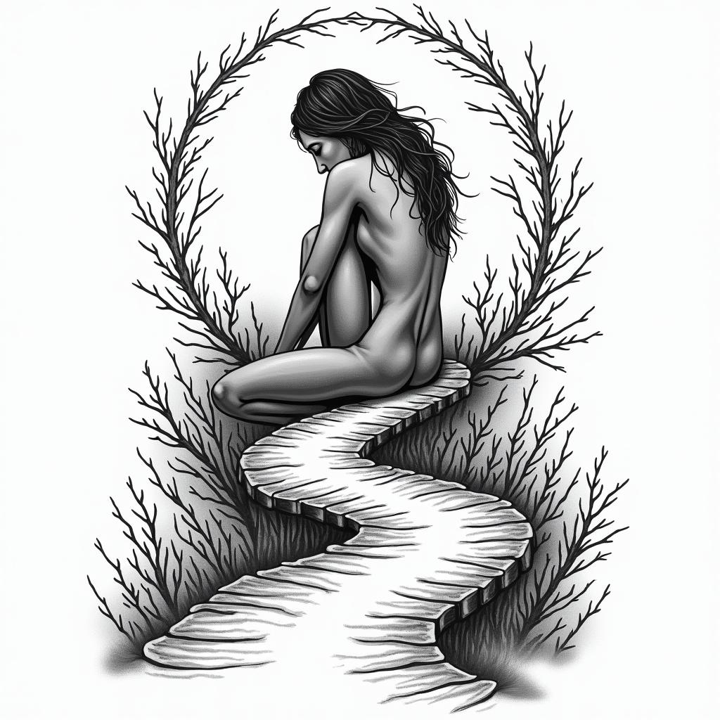 Sadness, solitude, winding pathin authentic tattoo style, incorporating traditional modifications, bold black outlines, solid color fills, featuring classic authentic elements - Variation 2