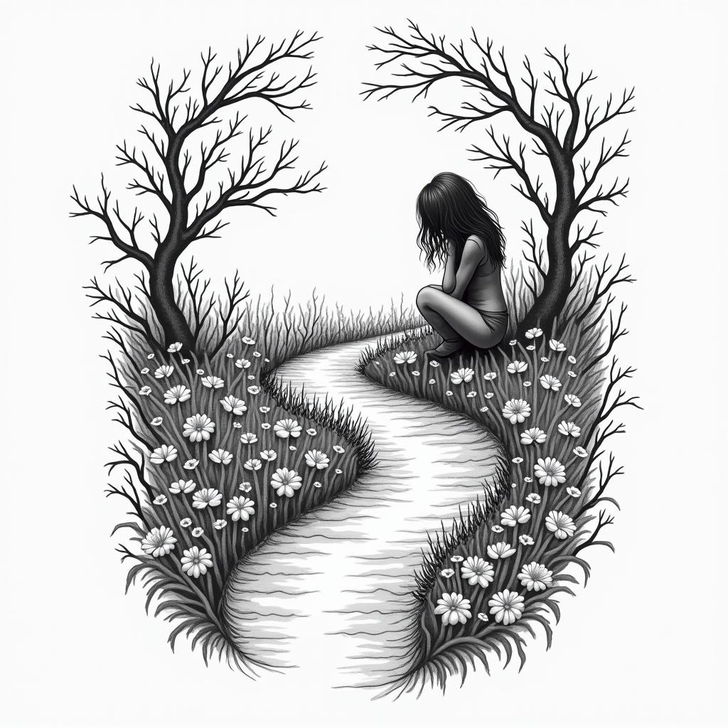 Sadness, solitude, winding pathin authentic tattoo style, incorporating traditional modifications, bold black outlines, solid color fills, featuring classic authentic elements - Variation 4