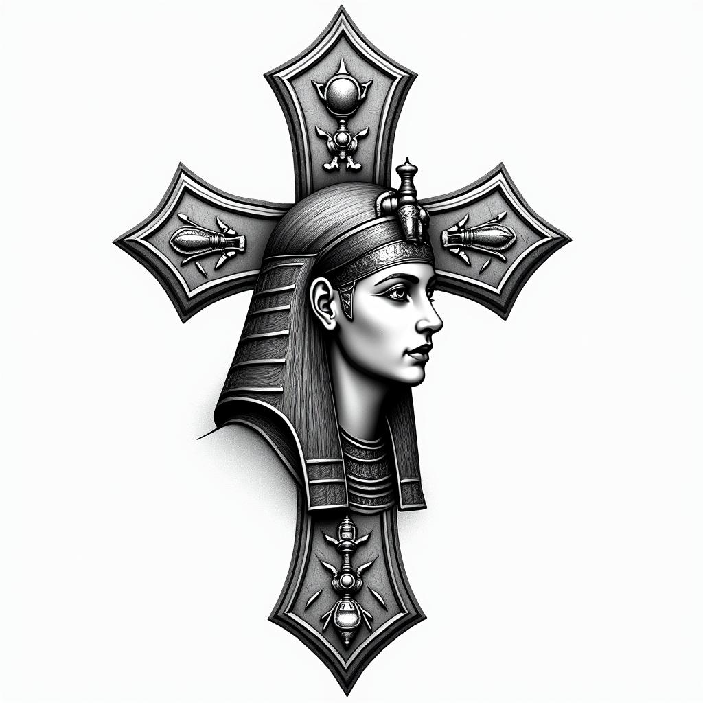 Crossin egyptian style tattoo, bold elements of ancient egyptian culture including a portrait of an Egyptian pharaoh with detailed facial features, in hieroglyphs and symbolic imagery, eye of horus, ankh symbol, scarab beetle - Variation 3