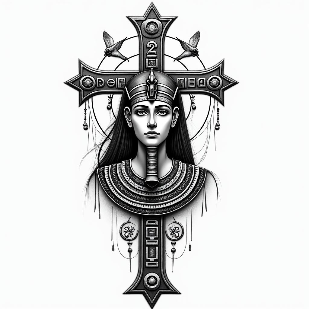 Crossin egyptian style tattoo, bold elements of ancient egyptian culture including a portrait of an Egyptian pharaoh with detailed facial features, in hieroglyphs and symbolic imagery, eye of horus, ankh symbol, scarab beetle - Variation 4