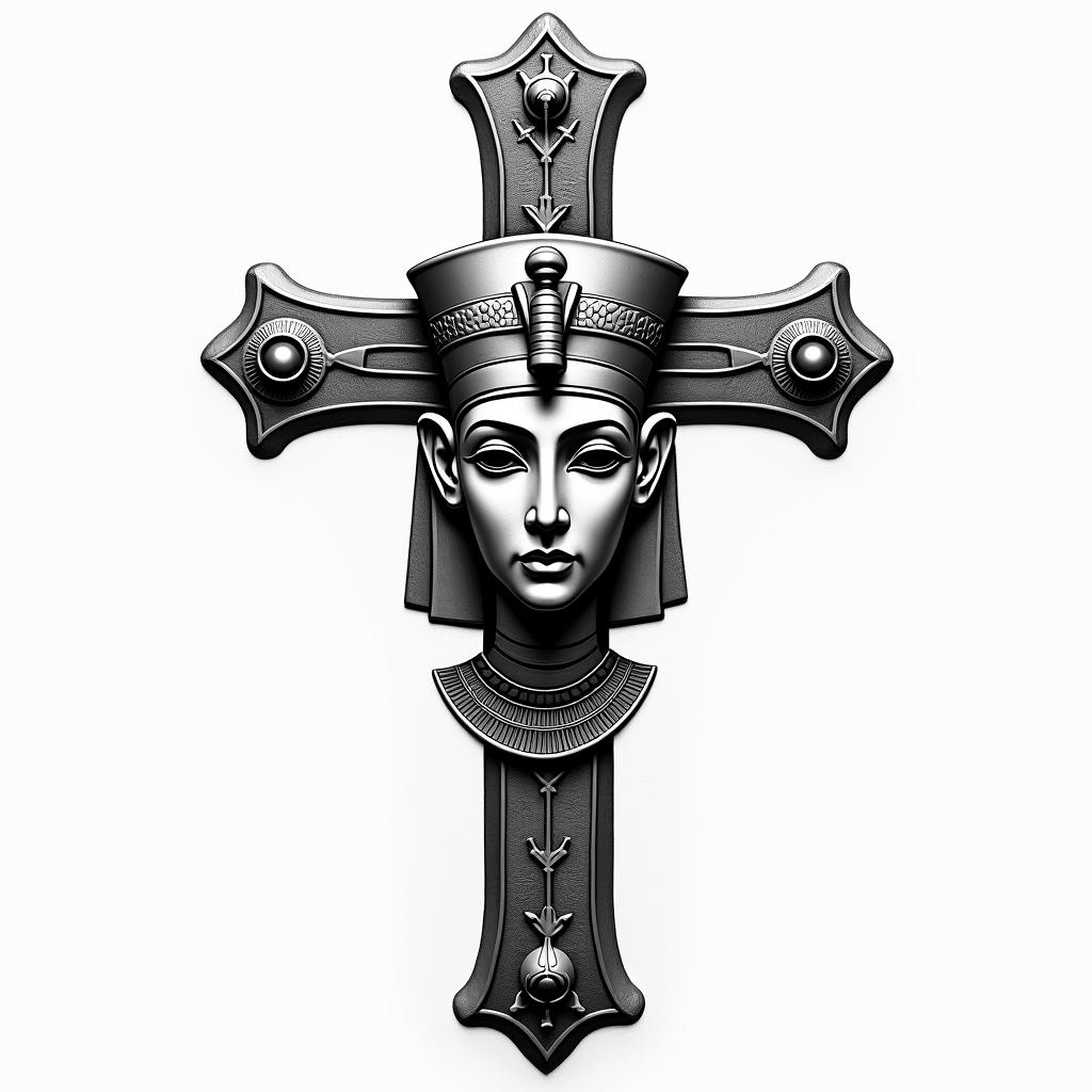 Crossin egyptian style tattoo, bold elements of ancient egyptian culture including a portrait of an Egyptian pharaoh with detailed facial features, in hieroglyphs and symbolic imagery, eye of horus, ankh symbol, scarab beetle - Variation 2
