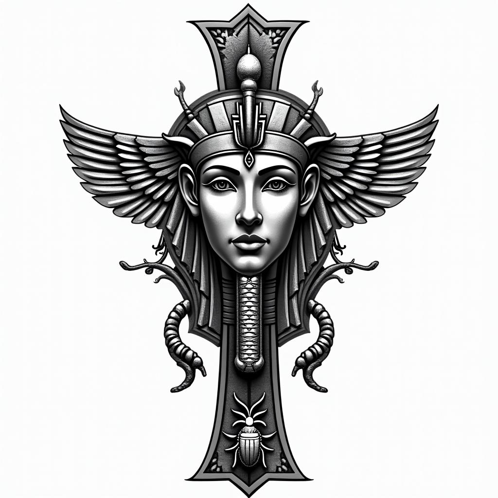 Crossin egyptian style tattoo, bold elements of ancient egyptian culture including a portrait of an Egyptian pharaoh with detailed facial features, in hieroglyphs and symbolic imagery, eye of horus, ankh symbol, scarab beetle