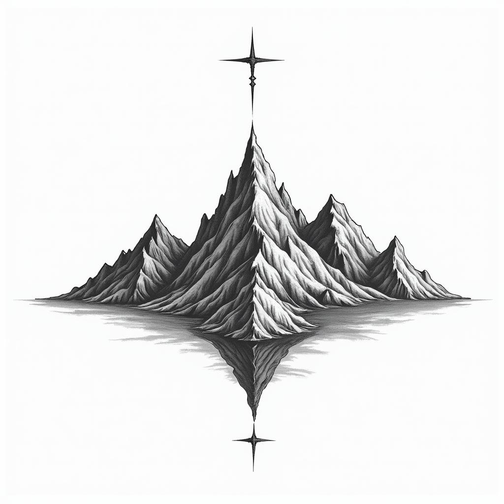 Line art of mountains that contains 4 M’shigly detailed tattoo - Variation 4