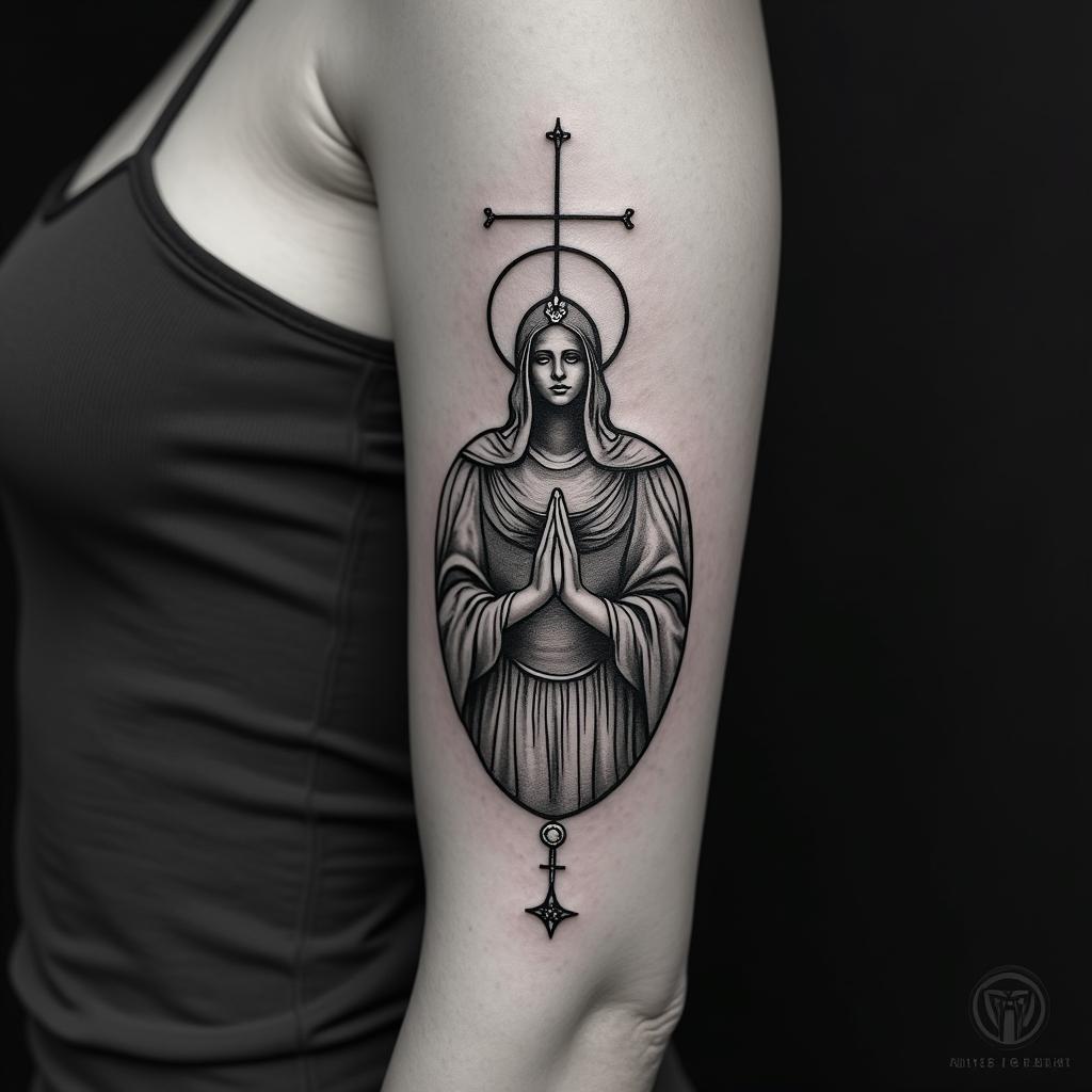 Tattoo combining the outline of Our Lady of Aparecida with the back of the Saint Benedict medal.higly detailed tattoo - Variation 2