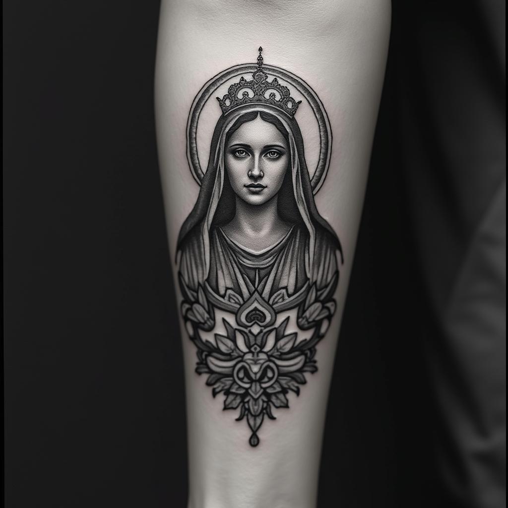 Tattoo combining the outline of Our Lady of Aparecida with the back of the Saint Benedict medal.higly detailed tattoo - Variation 4