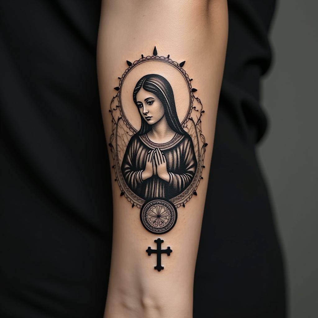 Tattoo combining the outline of Our Lady of Aparecida with the back of the Saint Benedict medal.higly detailed tattoo - Variation 3
