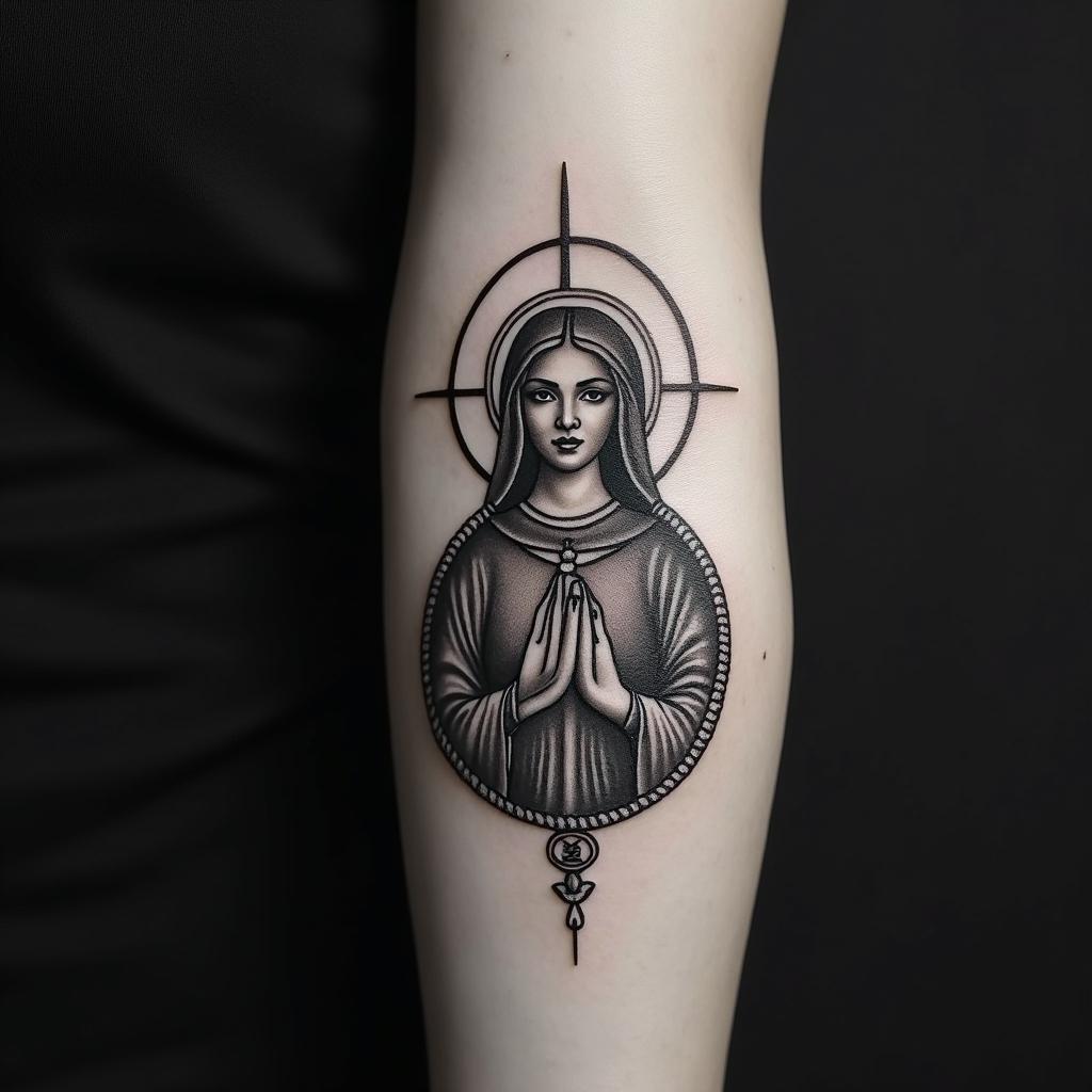 Tattoo combining the outline of Our Lady of Aparecida with the back of the Saint Benedict medal.higly detailed tattoo