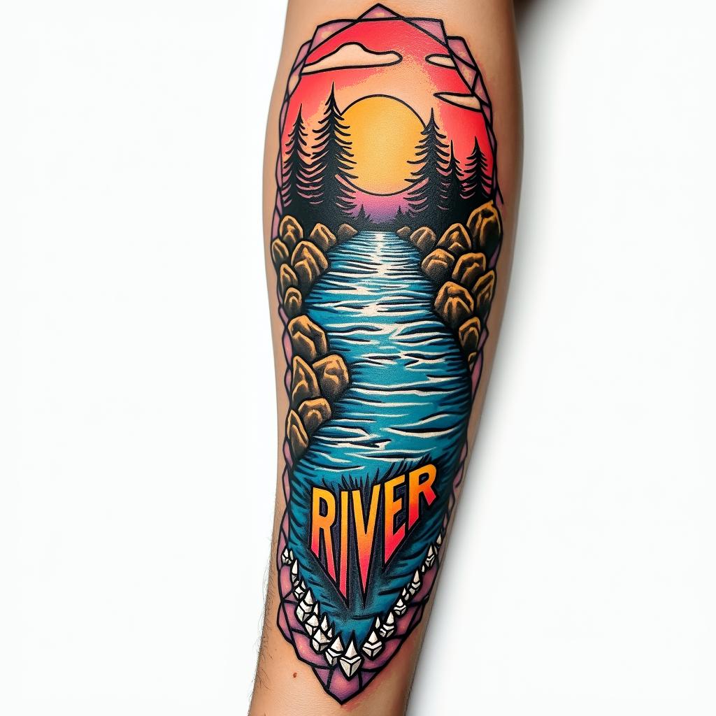 A river down my forearm with diamonds at the bottom and the word RIVER at the bottom of the riverin pop art style tattoo, featuring bold and vibrant colors, exaggerated outlines, iconic imagery, inspired by comic books and speech bubbles, comic book characters, retro pop culture - Variation 2