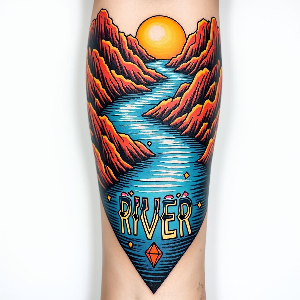 A river down my forearm with diamonds at the bottom and the word RIVER at the bottom of the riverin pop art style tattoo, featuring bold and vibrant colors, exaggerated outlines, iconic imagery, inspired by comic books and speech bubbles, comic book characters, retro pop culture - Variation 4