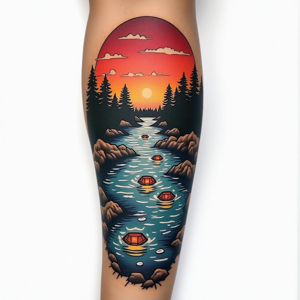 A river down my forearm with diamonds at the bottom and the word RIVER at the bottom of the riverin pop art style tattoo, featuring bold and vibrant colors, exaggerated outlines, iconic imagery, inspired by comic books and speech bubbles, comic book characters, retro pop culture