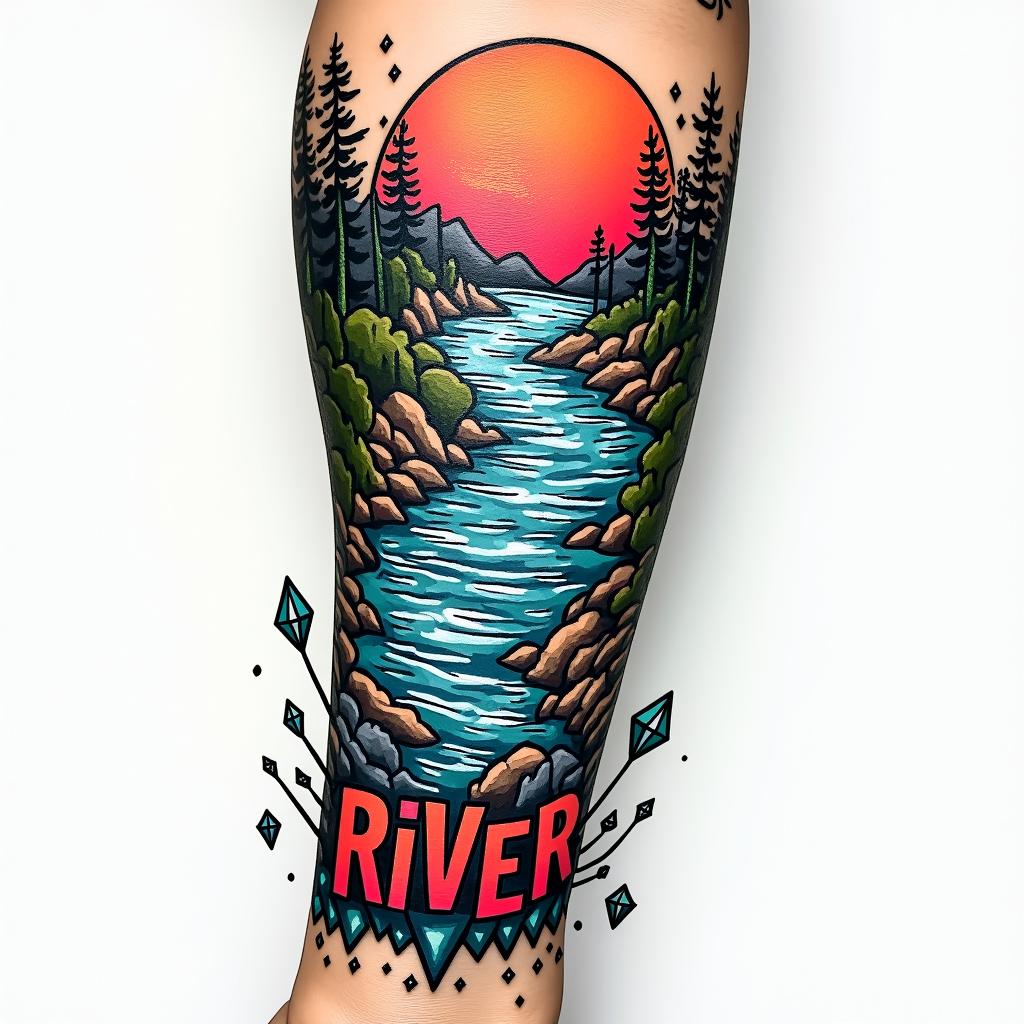 A river down my forearm with diamonds at the bottom and the word RIVER at the bottom of the riverin pop art style tattoo, featuring bold and vibrant colors, exaggerated outlines, iconic imagery, inspired by comic books and speech bubbles, comic book characters, retro pop culture - Variation 3