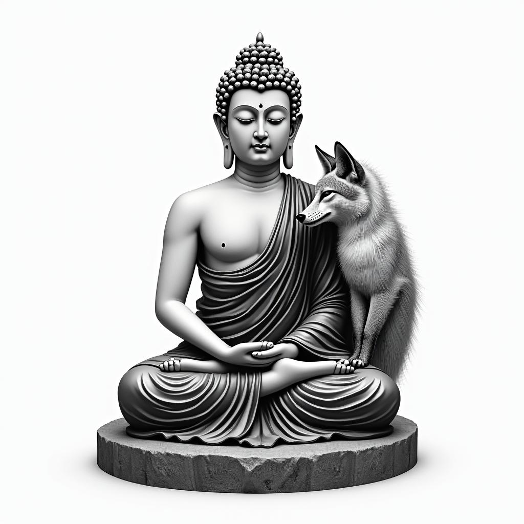 A Buddha who is meditating. He is protected by a fox.in realism tattoo style, featuring a highly detailed, lifelike, capturing every detail, photorealistic, ultra realistic, intricate shading, smooth and sharp,  