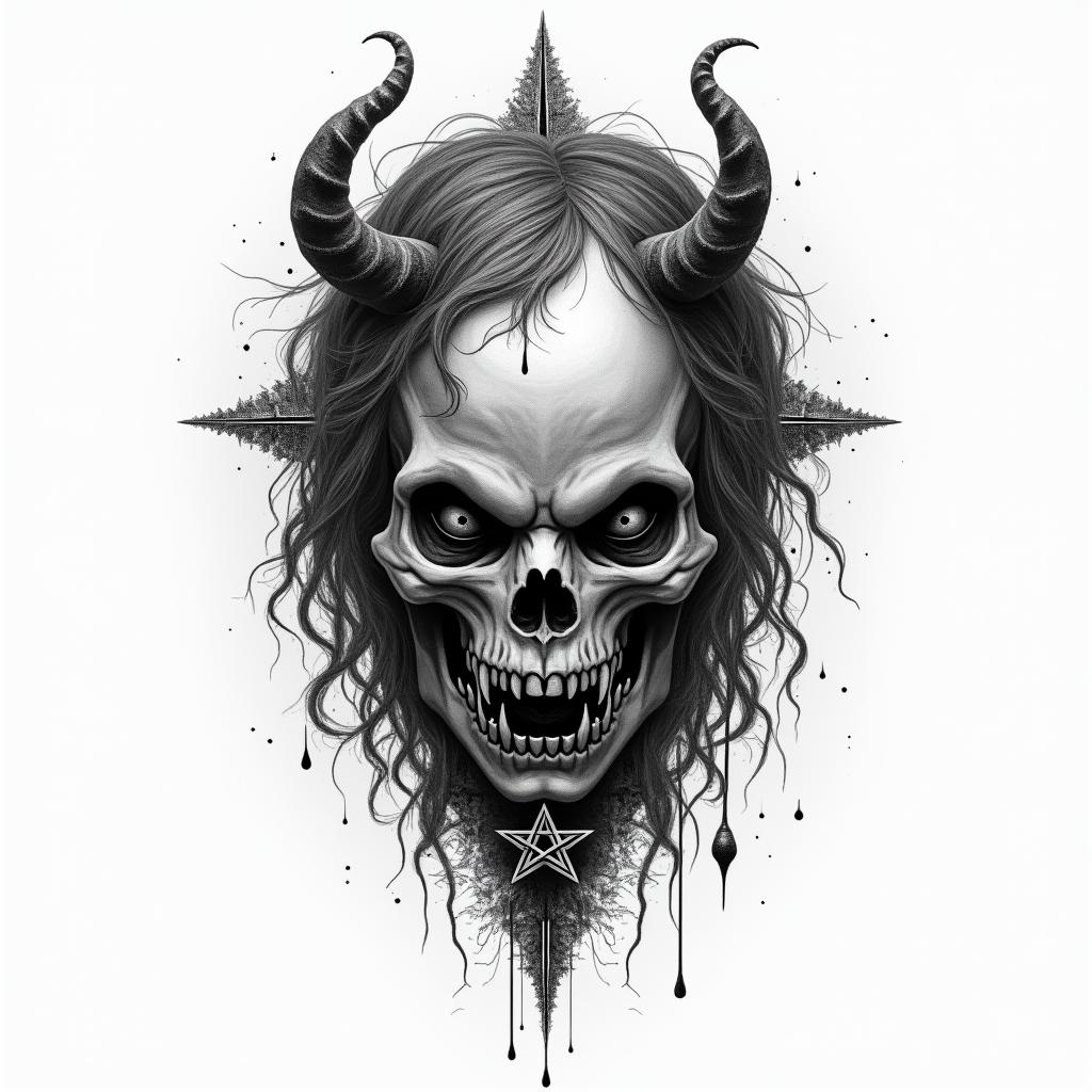 A little girl trapped with witchcraft and voodoo dollscreepy horror tattoo style, featuring an eerie and unsettling skull of a demonic creature, distorted face with sharp fangs, add pentagram symbol - Variation 4