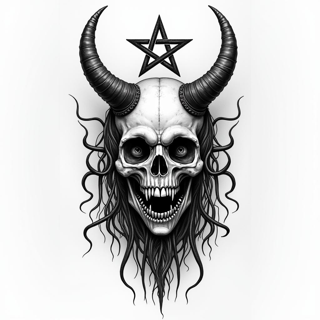 A little girl trapped with witchcraft and voodoo dollscreepy horror tattoo style, featuring an eerie and unsettling skull of a demonic creature, distorted face with sharp fangs, add pentagram symbol - Variation 1