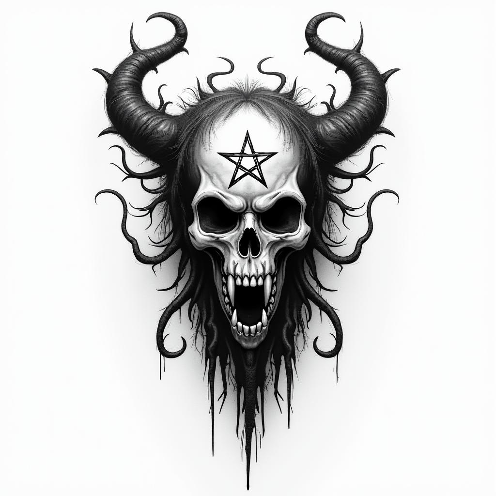 A little girl trapped with witchcraft and voodoo dollscreepy horror tattoo style, featuring an eerie and unsettling skull of a demonic creature, distorted face with sharp fangs, add pentagram symbol - Variation 2