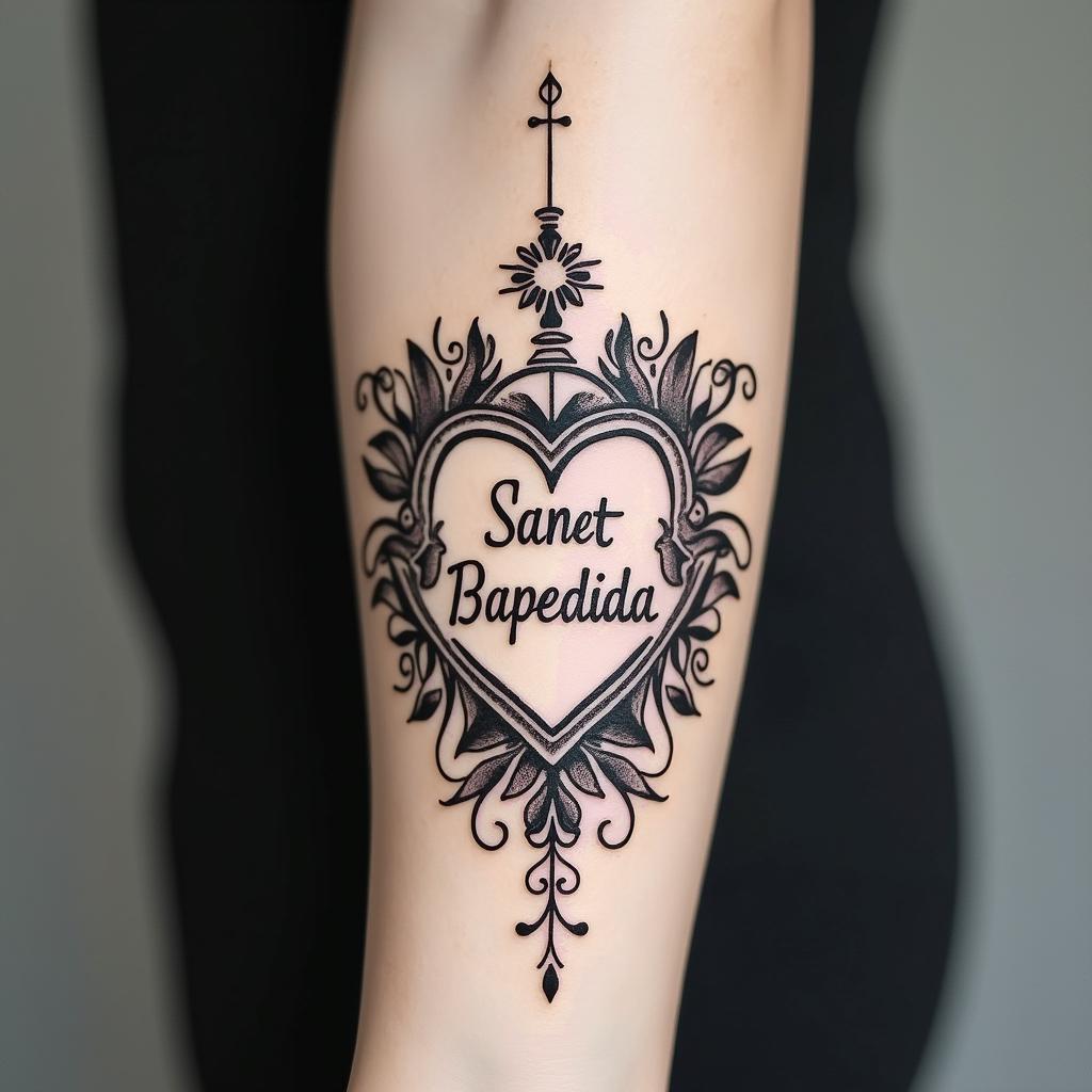 Tattoo design combining a thin outline of Our Lady of Aparecida with the back of the Saint Benedict medal.in elegant cursive calligraphy style 2d tattoo, decorate with roses, featuring a smooth and flowing handwritten script with slightly thickened strokes for a luxurious and bold appearance,  heart symbol between names,  sleek and glossy black text with shadowing, minimalist matte white background, clean and sharp edges, illuminated with soft lighting, romantic, 8k, high-quality textures with refined typography - Variation 2