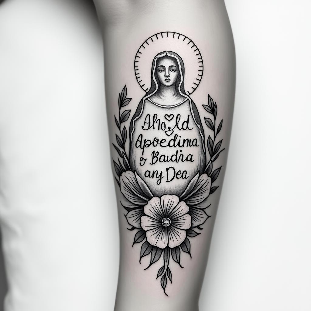 Tattoo design combining a thin outline of Our Lady of Aparecida with the back of the Saint Benedict medal.in elegant cursive calligraphy style 2d tattoo, decorate with roses, featuring a smooth and flowing handwritten script with slightly thickened strokes for a luxurious and bold appearance,  heart symbol between names,  sleek and glossy black text with shadowing, minimalist matte white background, clean and sharp edges, illuminated with soft lighting, romantic, 8k, high-quality textures with refined typography - Variation 4