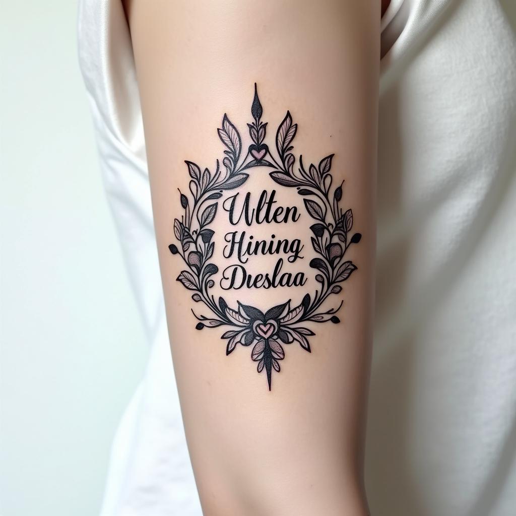 Tattoo design combining a thin outline of Our Lady of Aparecida with the back of the Saint Benedict medal.in elegant cursive calligraphy style 2d tattoo, decorate with roses, featuring a smooth and flowing handwritten script with slightly thickened strokes for a luxurious and bold appearance,  heart symbol between names,  sleek and glossy black text with shadowing, minimalist matte white background, clean and sharp edges, illuminated with soft lighting, romantic, 8k, high-quality textures with refined typography