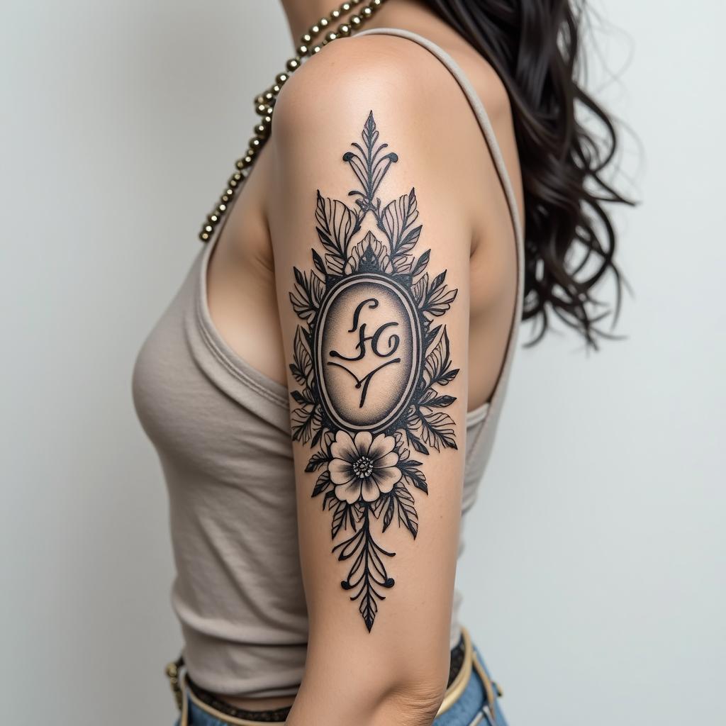 Tattoo design combining a thin outline of Our Lady of Aparecida with the back of the Saint Benedict medal.in elegant cursive calligraphy style 2d tattoo, decorate with roses, featuring a smooth and flowing handwritten script with slightly thickened strokes for a luxurious and bold appearance,  heart symbol between names,  sleek and glossy black text with shadowing, minimalist matte white background, clean and sharp edges, illuminated with soft lighting, romantic, 8k, high-quality textures with refined typography - Variation 3