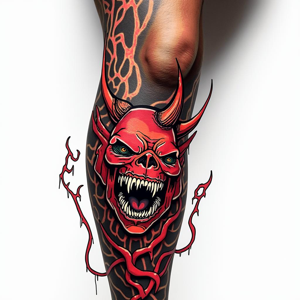 Devils hand grabbing a hold on legin pop art style tattoo, featuring bold and vibrant colors, exaggerated outlines, iconic imagery, inspired by comic books and speech bubbles, comic book characters, retro pop culture - Variation 4
