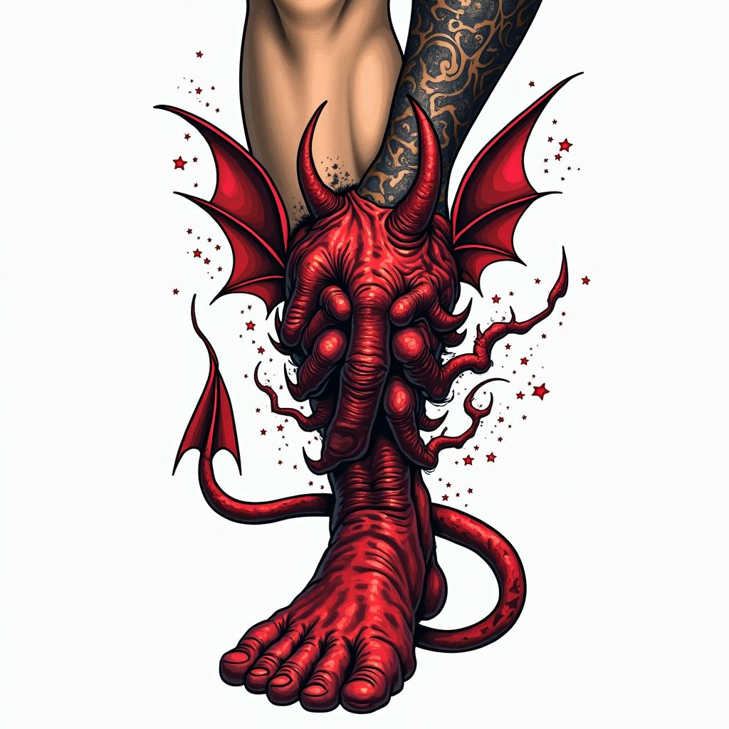 Devils hand grabbing a hold on legin pop art style tattoo, featuring bold and vibrant colors, exaggerated outlines, iconic imagery, inspired by comic books and speech bubbles, comic book characters, retro pop culture - Variation 2
