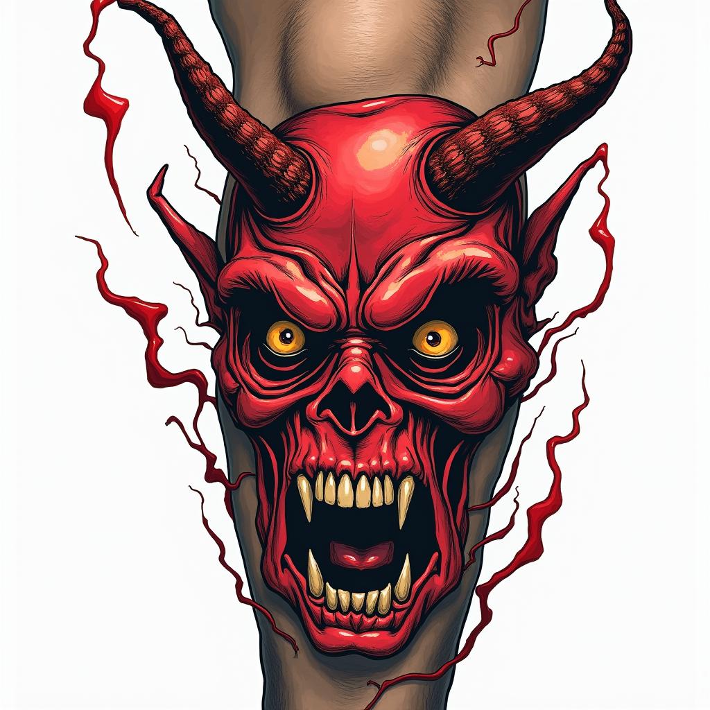 Devils hand grabbing a hold on legin pop art style tattoo, featuring bold and vibrant colors, exaggerated outlines, iconic imagery, inspired by comic books and speech bubbles, comic book characters, retro pop culture - Variation 3