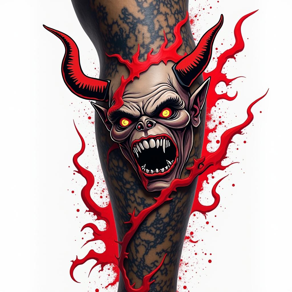 Devils hand grabbing a hold on legin pop art style tattoo, featuring bold and vibrant colors, exaggerated outlines, iconic imagery, inspired by comic books and speech bubbles, comic book characters, retro pop culture