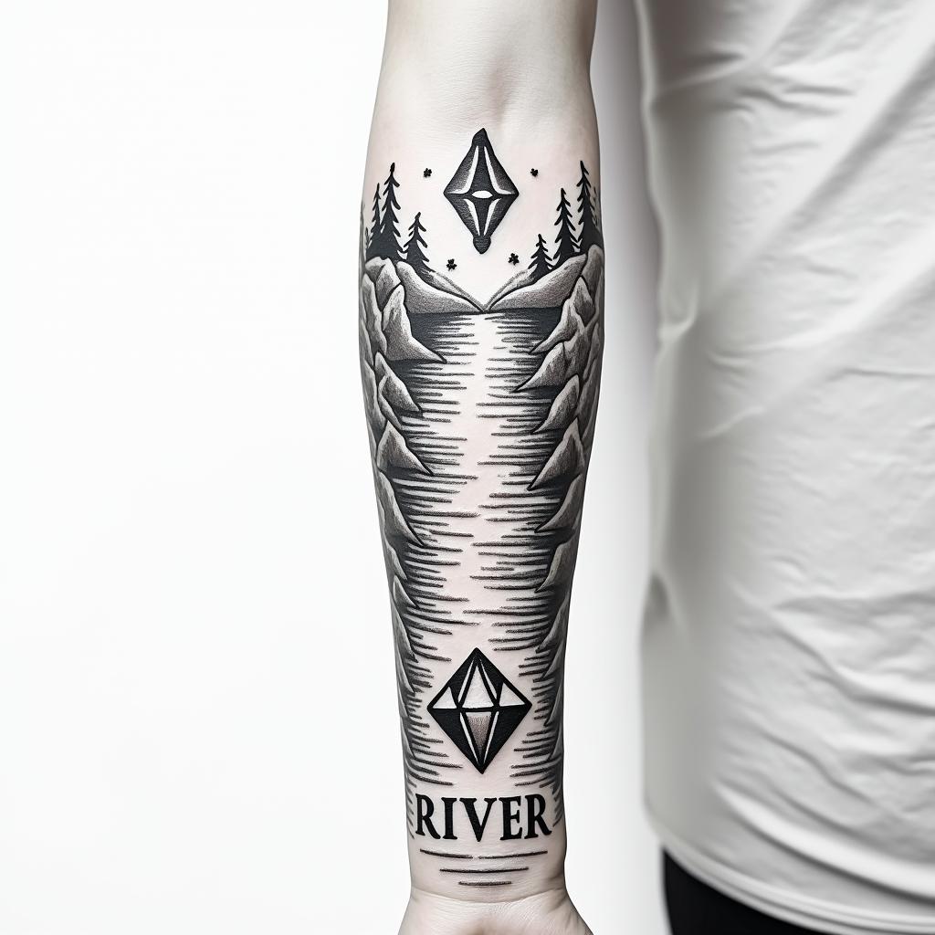 A river down my forearm with diamonds at the bottom and the word RIVER at the bottom of the riverin 8-bit tattoo style, minimalistic pixel style tattoo, pixel art with simplified shapes and retro gaming visuals, inspired by 8-bit pixel based detailing - Variation 3