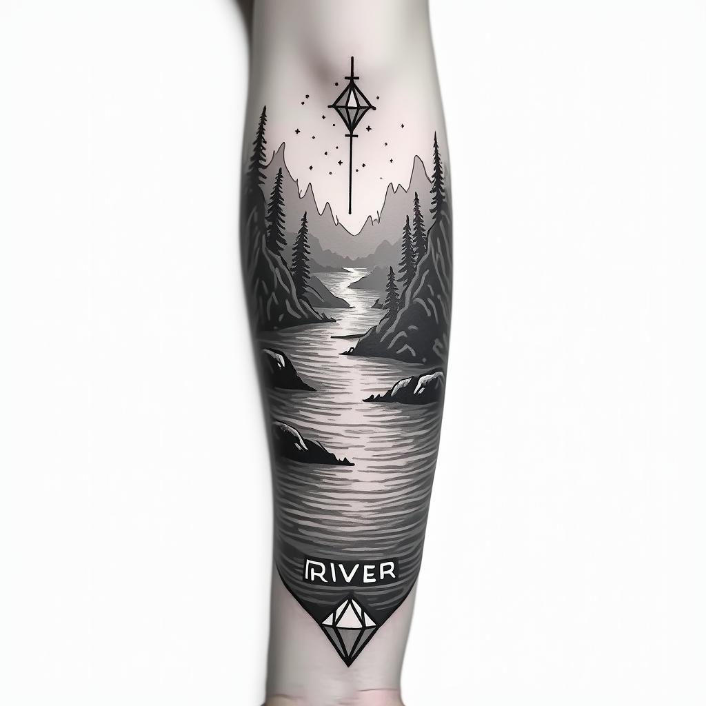 A river down my forearm with diamonds at the bottom and the word RIVER at the bottom of the riverin 8-bit tattoo style, minimalistic pixel style tattoo, pixel art with simplified shapes and retro gaming visuals, inspired by 8-bit pixel based detailing