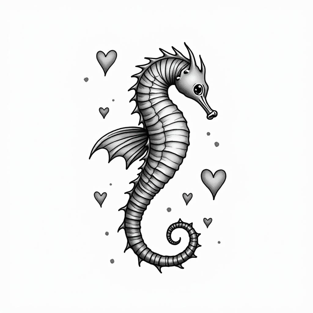 Delicate with a seahorsein Modest style tattoo, featuring soft, delicate line work with simple and meaningful symbols, gentle waves, a heart, evoking a sense of serenity and grace, - Variation 1