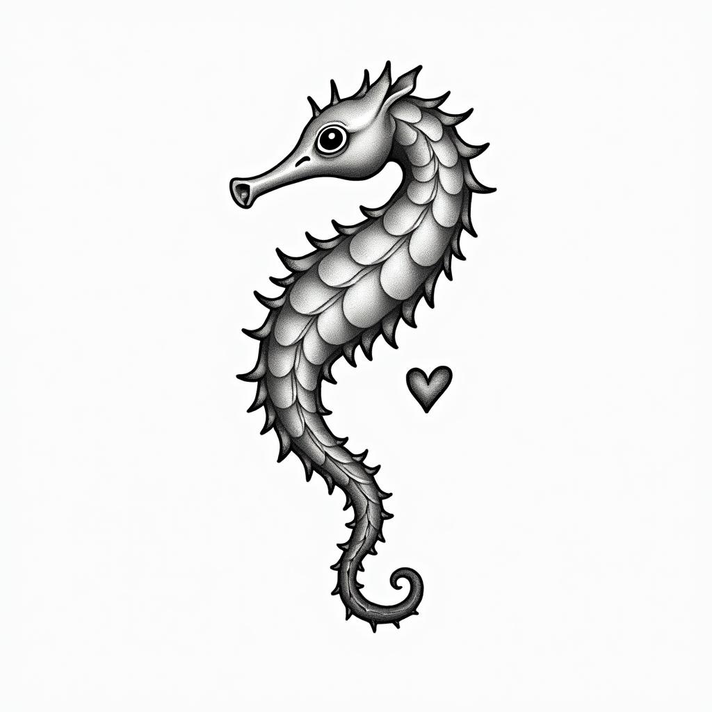 Delicate with a seahorsein Modest style tattoo, featuring soft, delicate line work with simple and meaningful symbols, gentle waves, a heart, evoking a sense of serenity and grace, - Variation 3