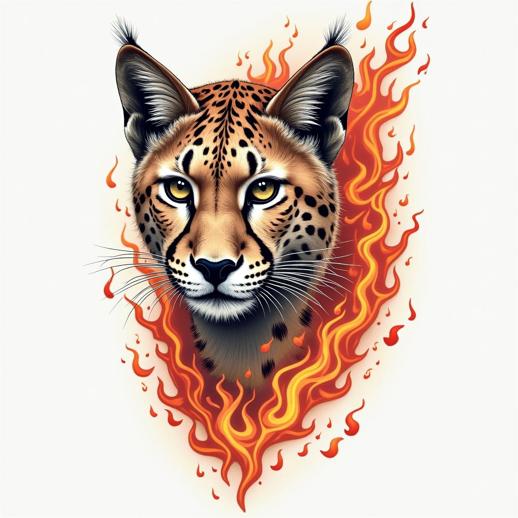 Cheetahin flame tattoo style showcasing fiery elements with dynamic flame patterns, glowing effect of flames, natural colors