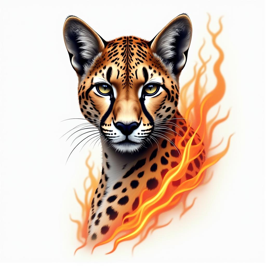 Cheetahin flame tattoo style showcasing fiery elements with dynamic flame patterns, glowing effect of flames, natural colors - Variation 2