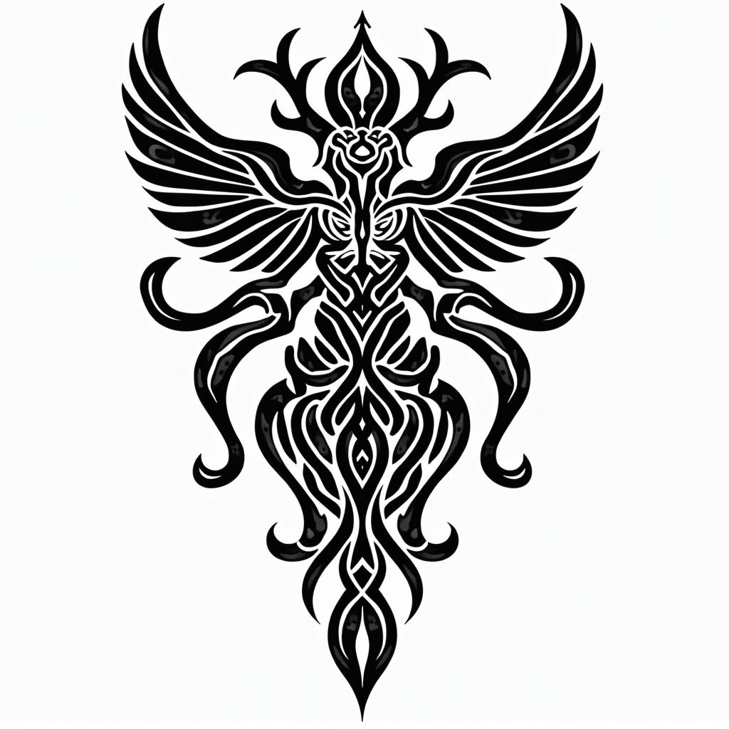 St. Michael. Libra boy. Ac milain tribal tattoo style, featuring bold and black geometric shapes, curved lines, intertwine and flow seamlessly, creating a powerful and symbolic design, polynesian and maori styles