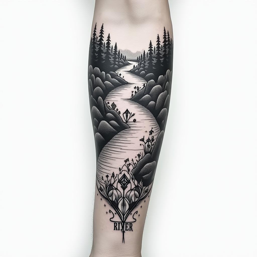 A river down my forearm with diamonds at the bottom and the word RIVER at the bottom of the riverin new school tattoo, pop culture, modern, detailed tattoo, illustrative - Variation 2