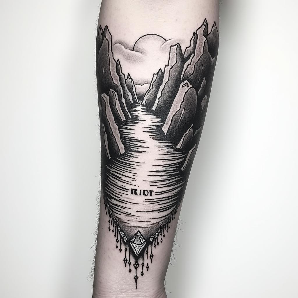 A river down my forearm with diamonds at the bottom and the word RIVER at the bottom of the riverin new school tattoo, pop culture, modern, detailed tattoo, illustrative - Variation 4