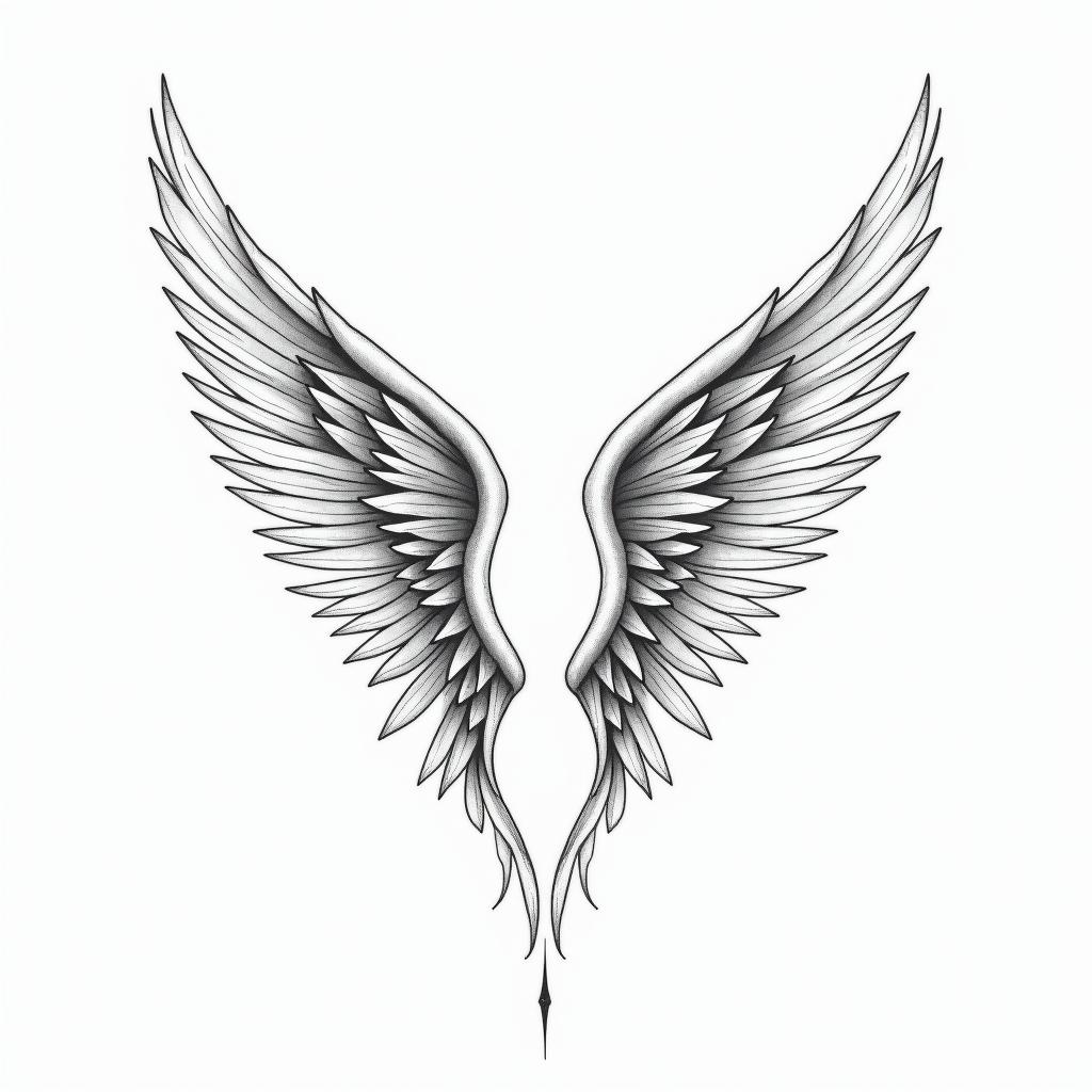 Angel wings with detailed feathersin minimalist style tattoo, featuring simple shapes and fine lines, with minimal shading and details, tiny triangles, creating a sense of balance and harmony - Variation 3