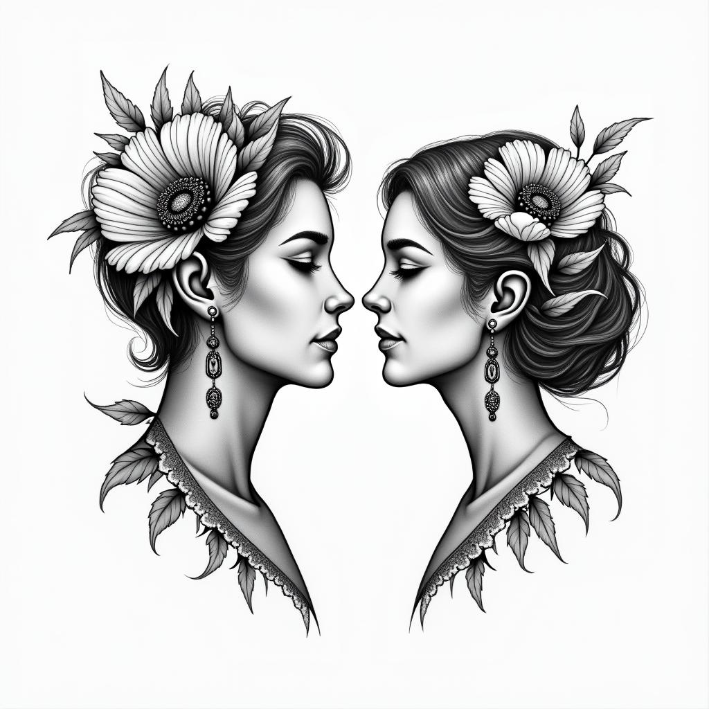 A man and a women that fell in love in a addiction with poppy flowersin spiritual symbols tattoo style, featuring an intricate design incorporating elements, Hamsa hand, third eye, minimalist composition - Variation 2