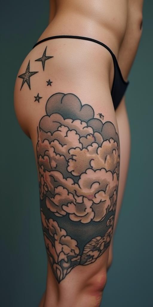 Lyndsey with clouds behind with 3 starshigly detailed tattoo - Variation 4